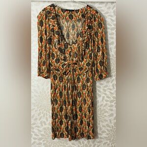 T Bags Los Angeles Women’s S Boho Retro 70s Print Ruched Waist Long Sleeve Dress